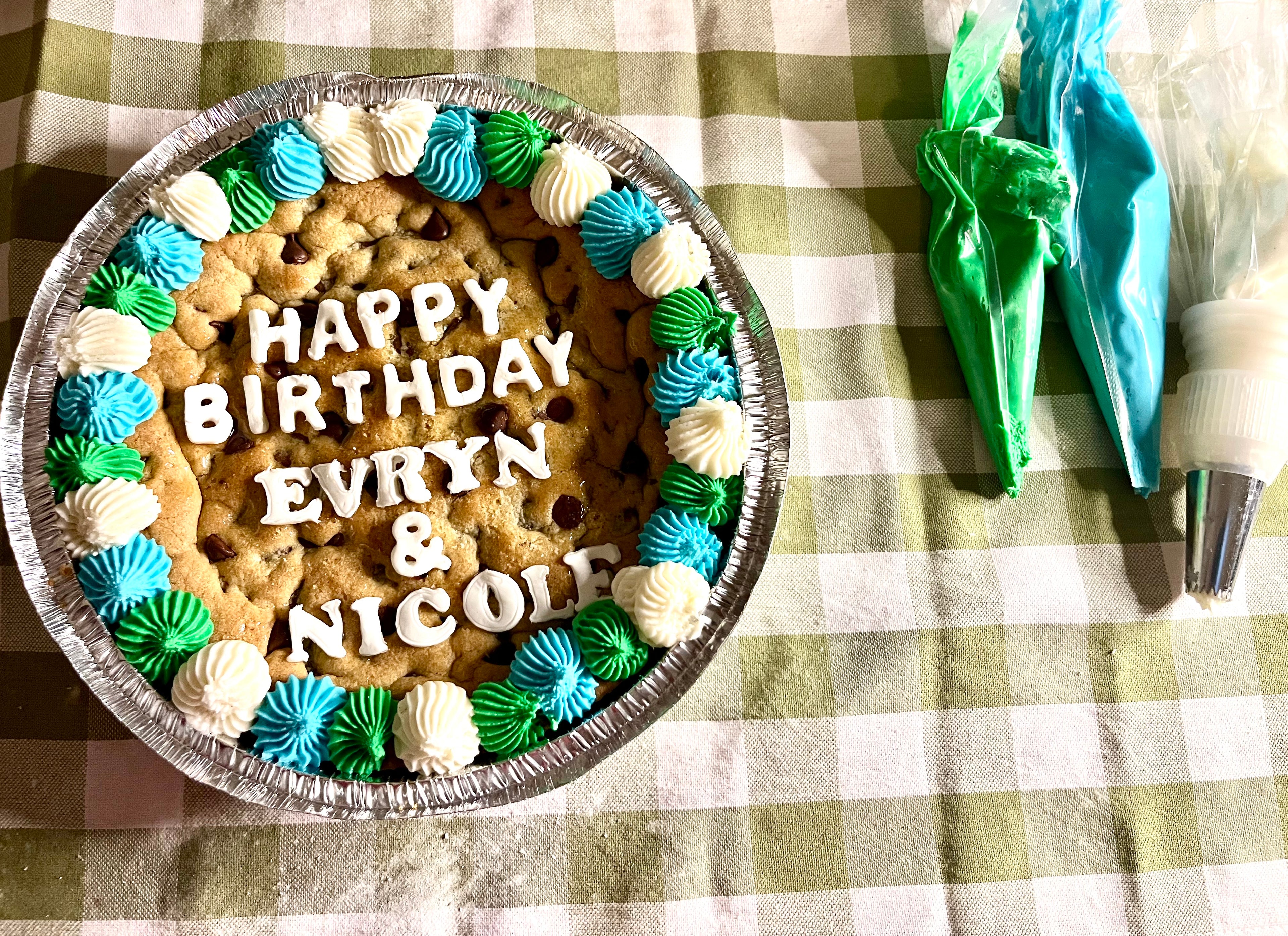 Chocolate chip cookie cake blue green white
